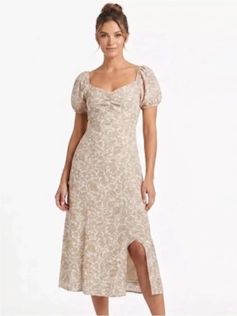 Jessica Simpson Empire Waist Puff Sleeve Linen Midi Dress in Beige Floral. Sz XS
